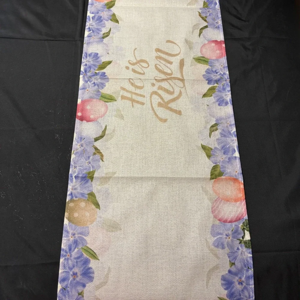 He Is Risen Easter Table Runner Cross Floral Pastel Eggs Spring Farmhouse 13x70